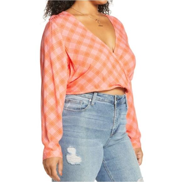 New BP. BP NORDSTROM ~ Pink-/Red Ian Bias Plaid Surplice V-neck Crop Top Size S - Picture 4 of 8